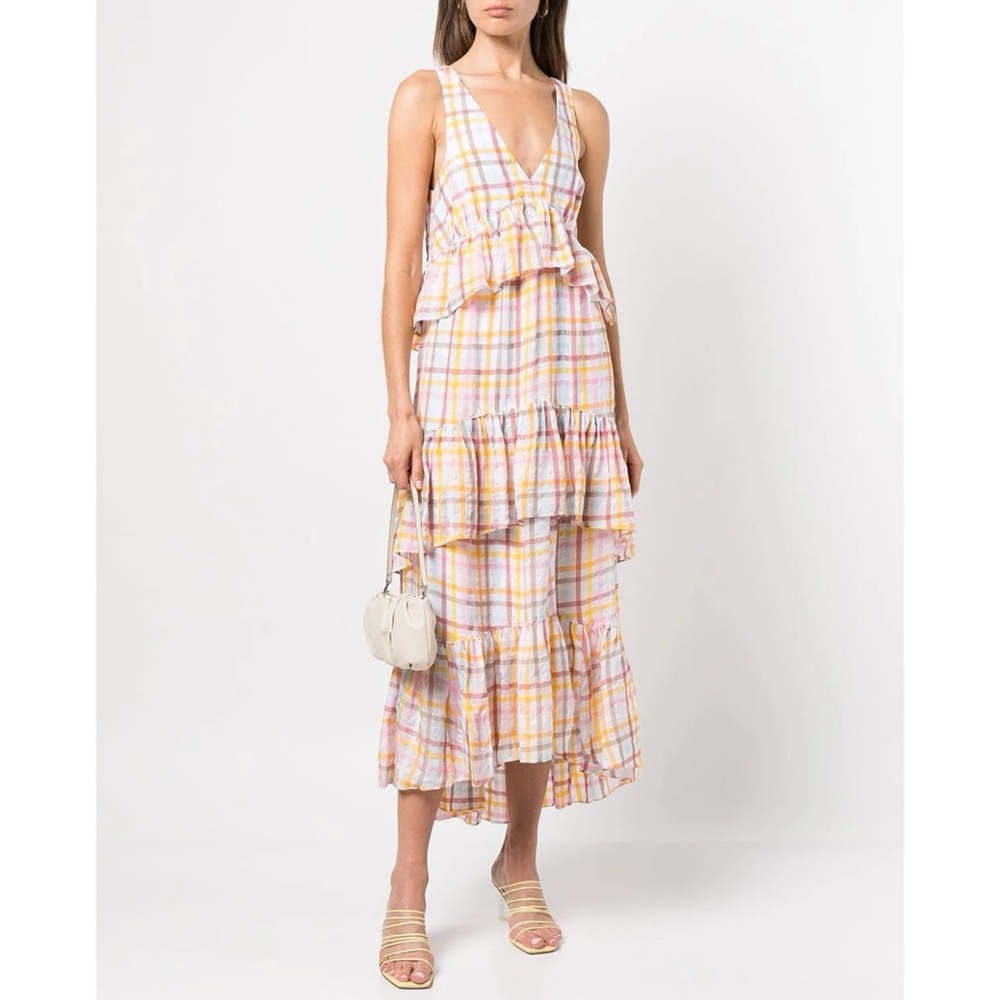 Cinq A Sept Midi Dress Gingham Plaid Ruffle Sundress Tiered Maxi V Neck Size 10